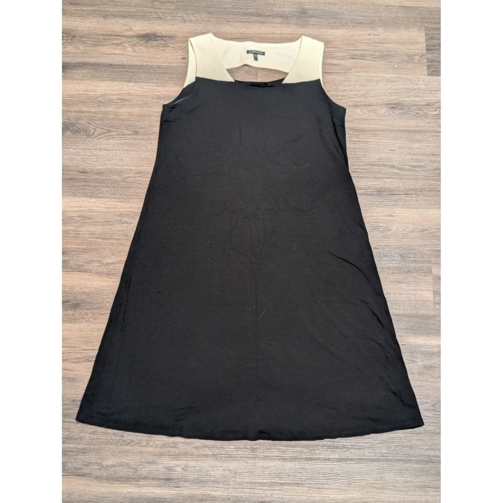 Eileen Fisher Medium Black Cream Colorblock A-Line Shift Dress Cutout Back